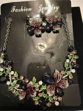 Fashion Jewelry Purple and Pink Floral Crystal Necklace Set